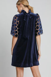 Umgee Dotted Lace Half Sleeve Mock Neck Back Tie Velvet Dress OutfitFlow